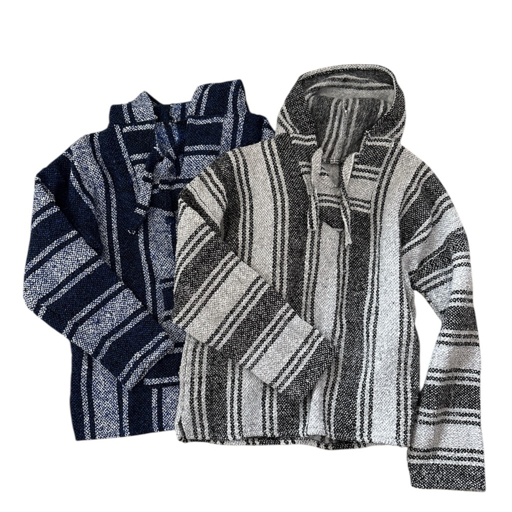 Striped Hooded ponchos for Men - set of 2. Black and Blue